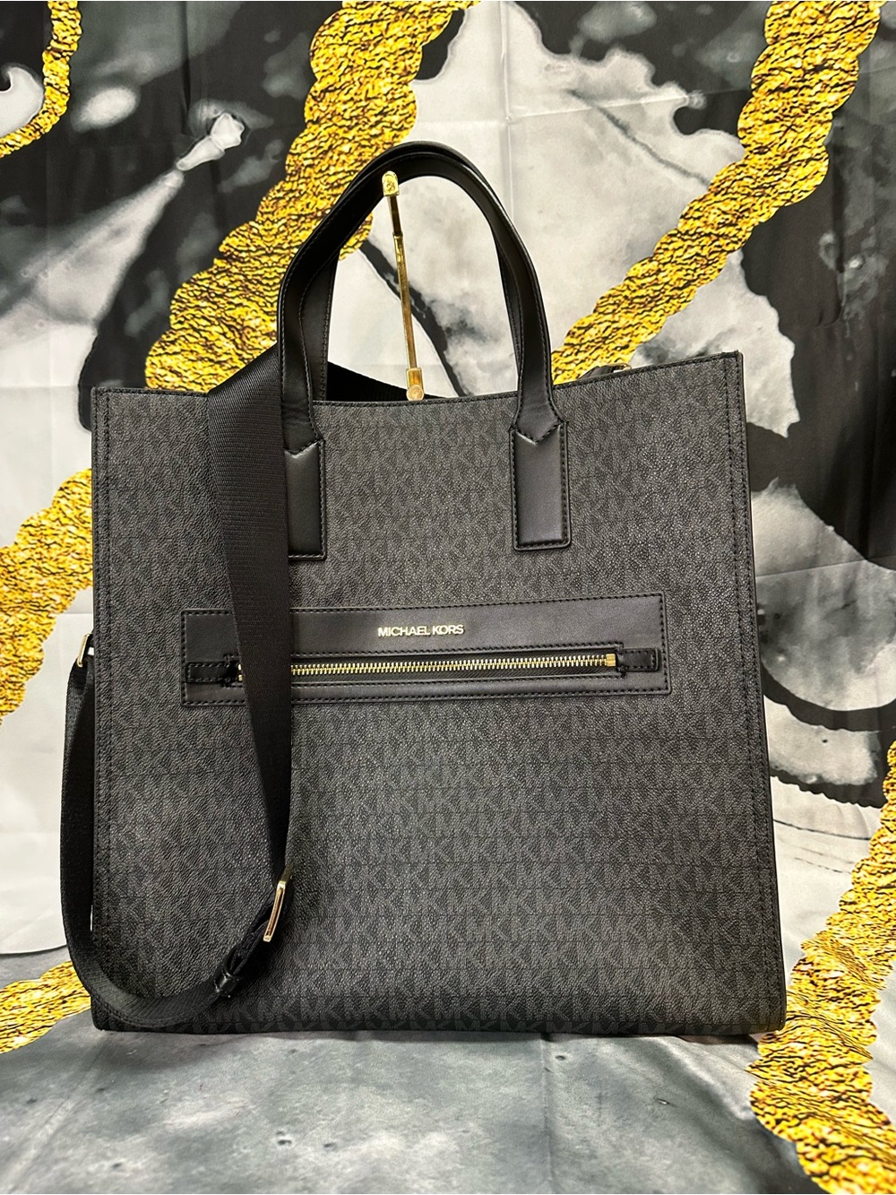 Michael Kors Black Signature Tote Laptop Bag with Gold Hardware